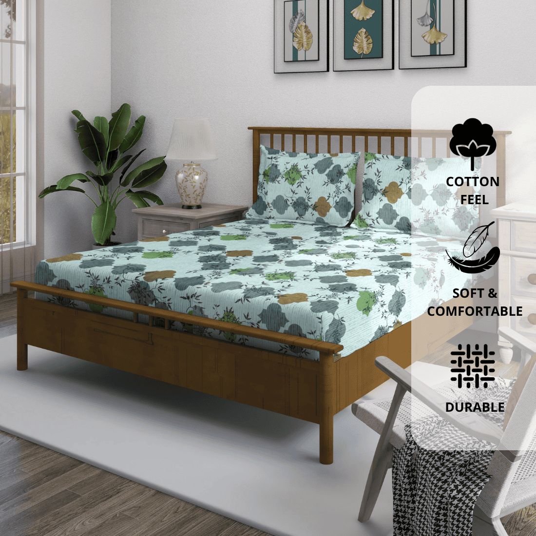 Multicolor geometric fitted bedsheet with pillow covers