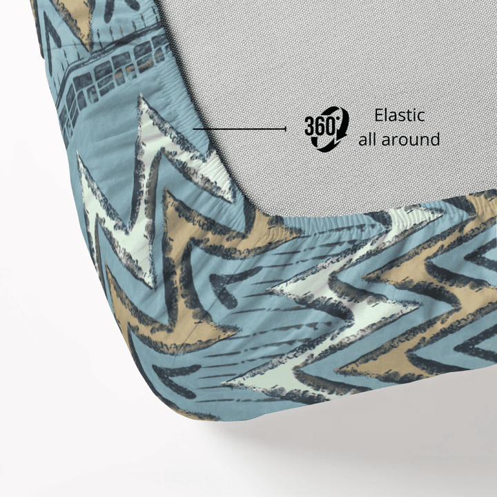 Elastic fitted cotton bedsheet in blue and tan abstract pattern