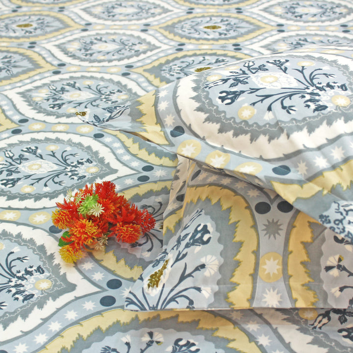 double bedsheet with matching pillow cover, styled with decor