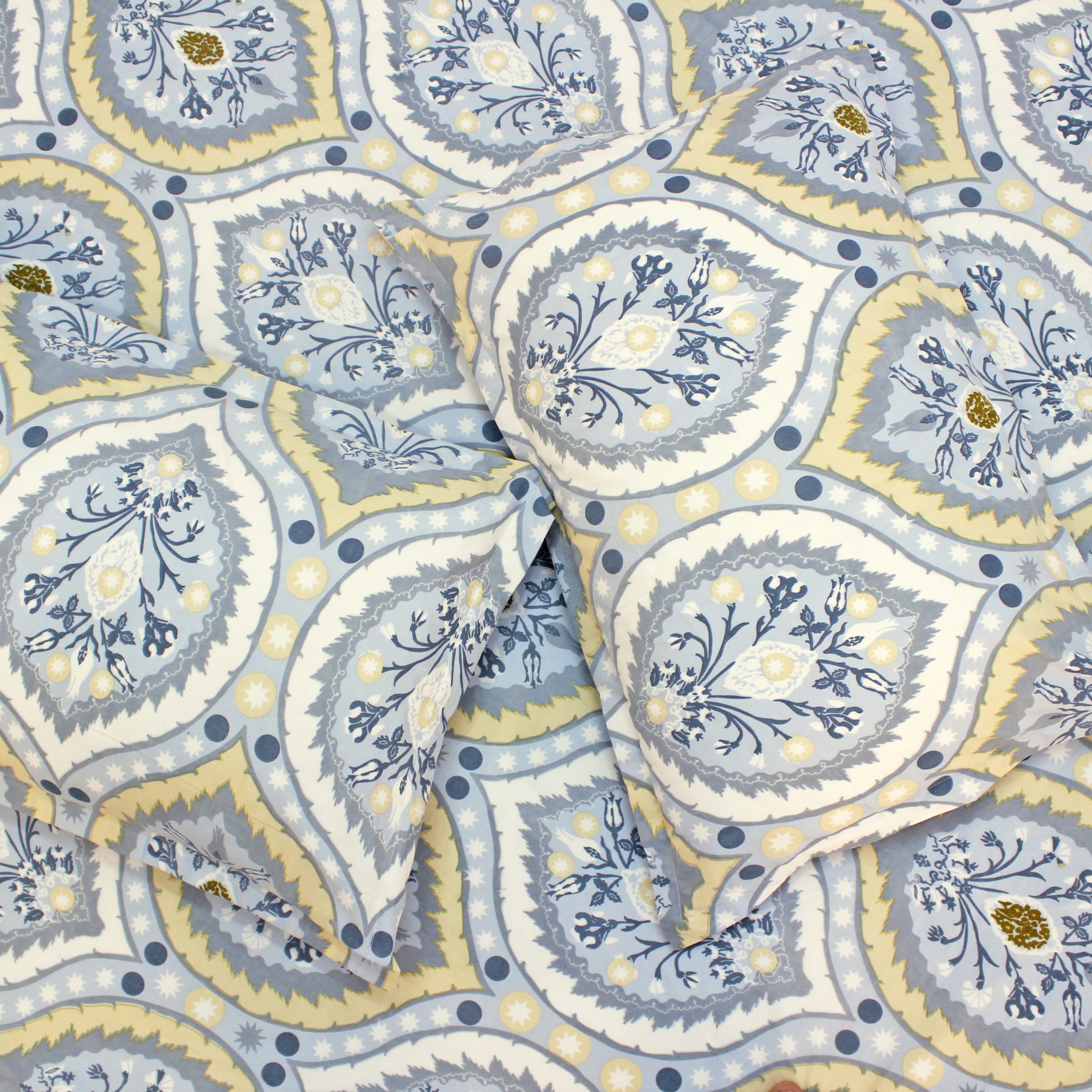 Cotton blend double bedsheet with blue and beige floral print and matching pillow covers