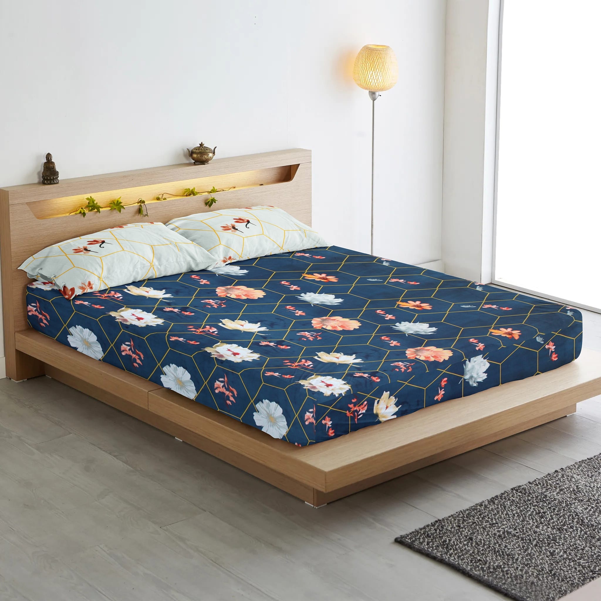 Floral Cotton Fitted Bedsheet(300 TC) -Multicolor online in India