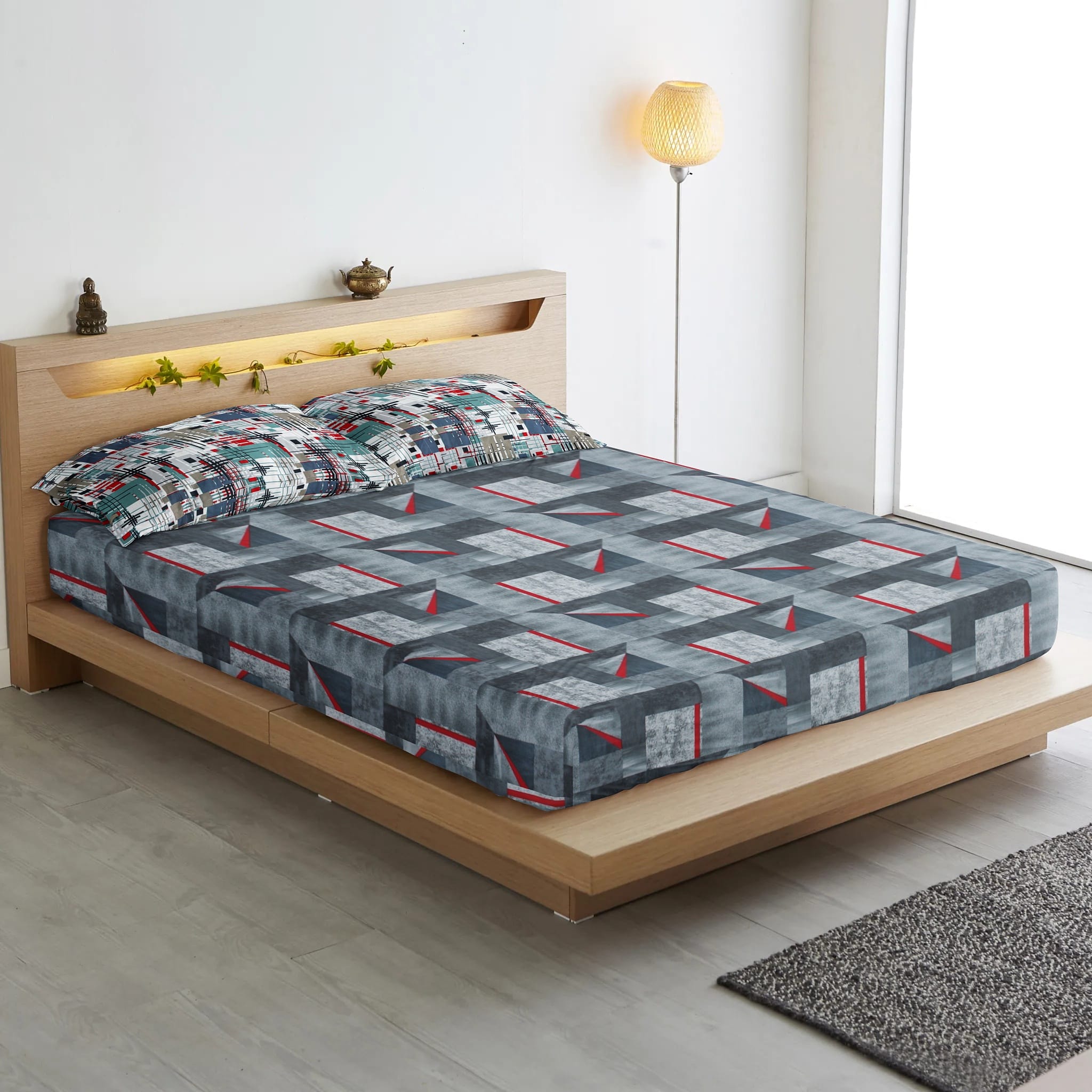 Geometrical Cotton Fitted Bedsheet(300 TC) -Multicolor online in India 