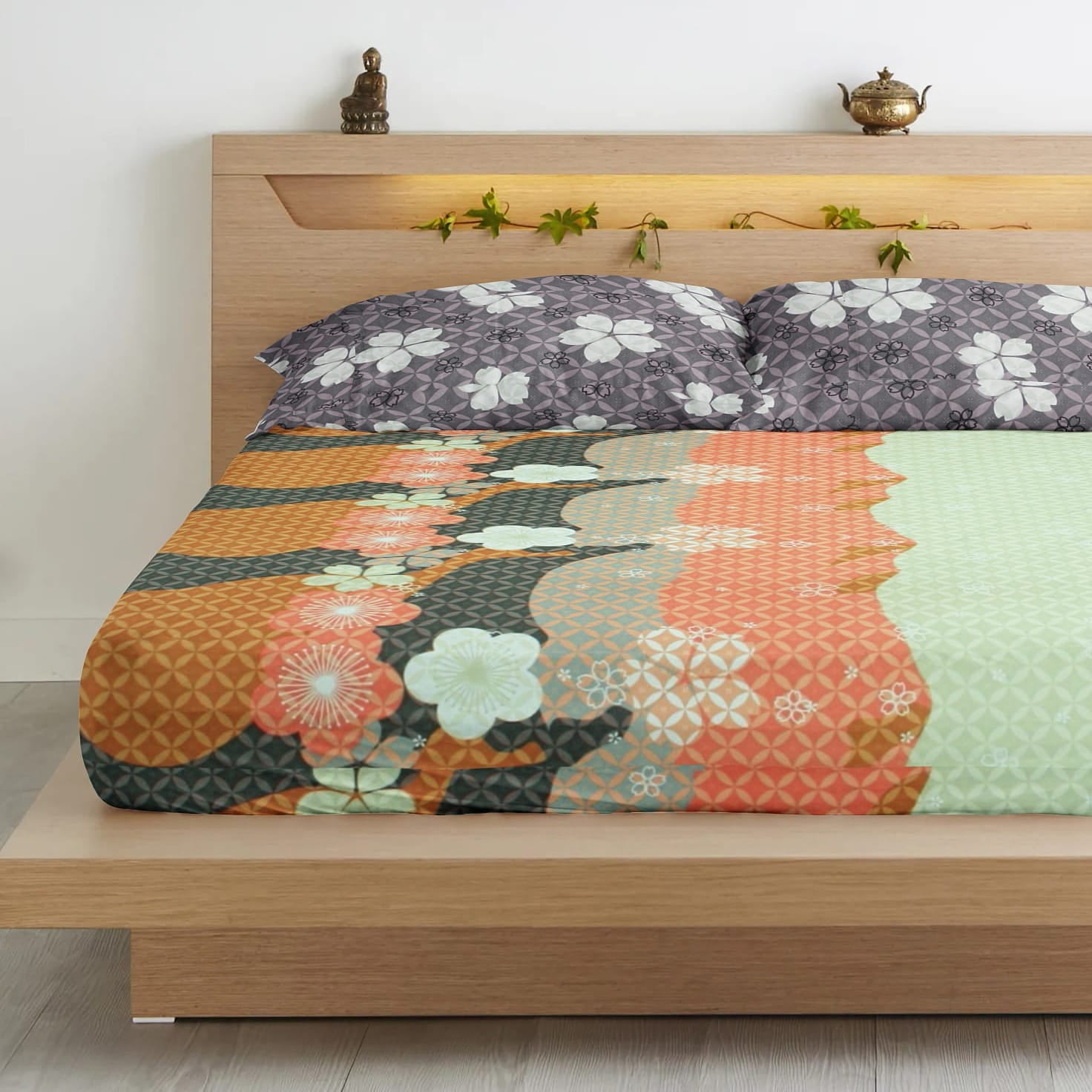 Floral Cotton Fitted Bedsheet(300 TC) -Multicolor online in India