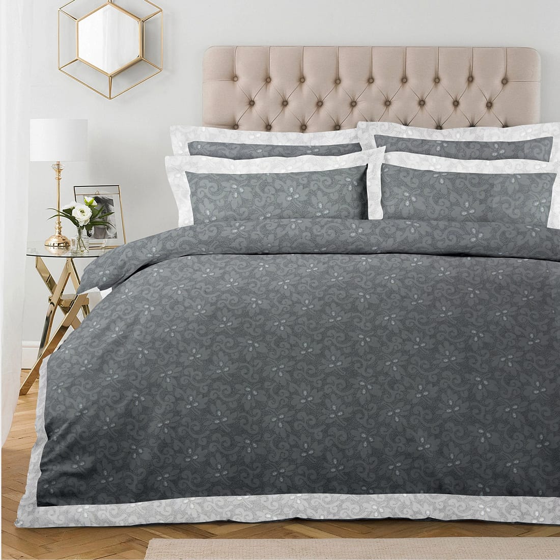 Pearl Texture Floral Print 300TC Cotton Dohar Comforter In Grey At Best Prices
