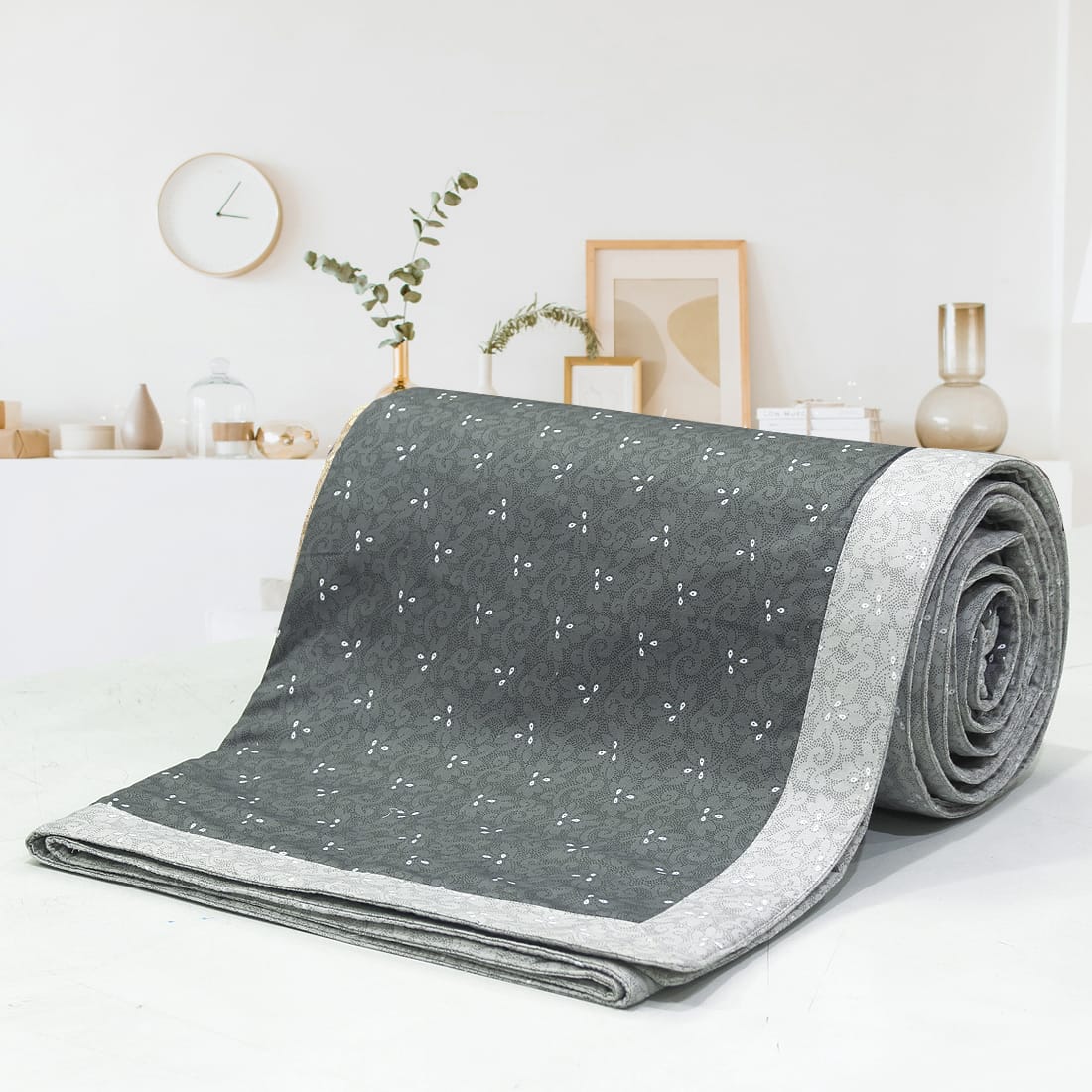 Pearl Texture Floral Print 300TC Cotton Dohar Comforter In Grey At Best Prices