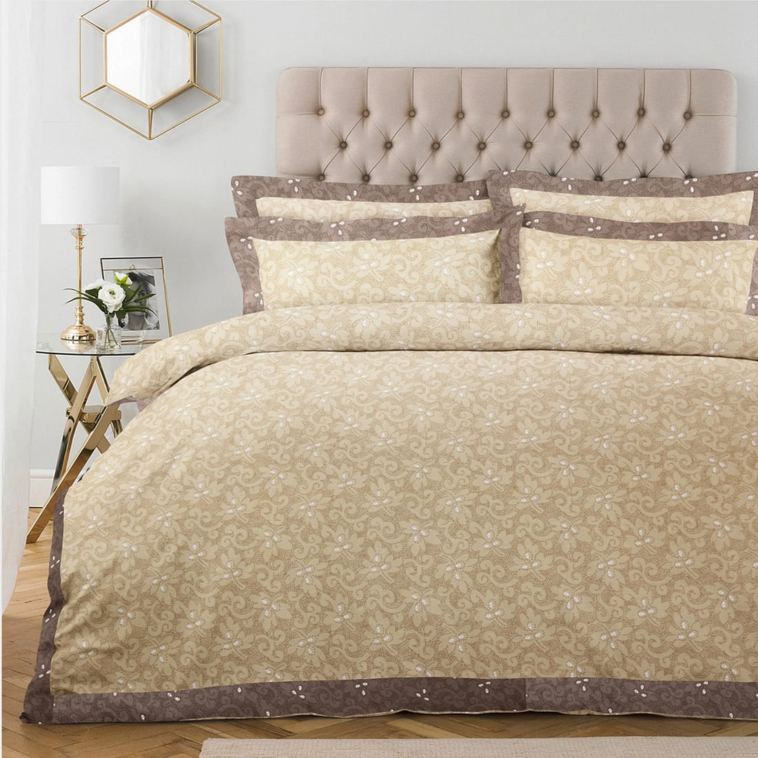 Pearl Texture Floral Print 300TC Cotton Dohar Comforter In Gold At Best Prices