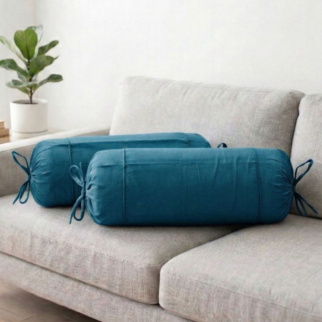 Plain Cotton 2 Pcs Bolster Cover Set - Peacock Blue