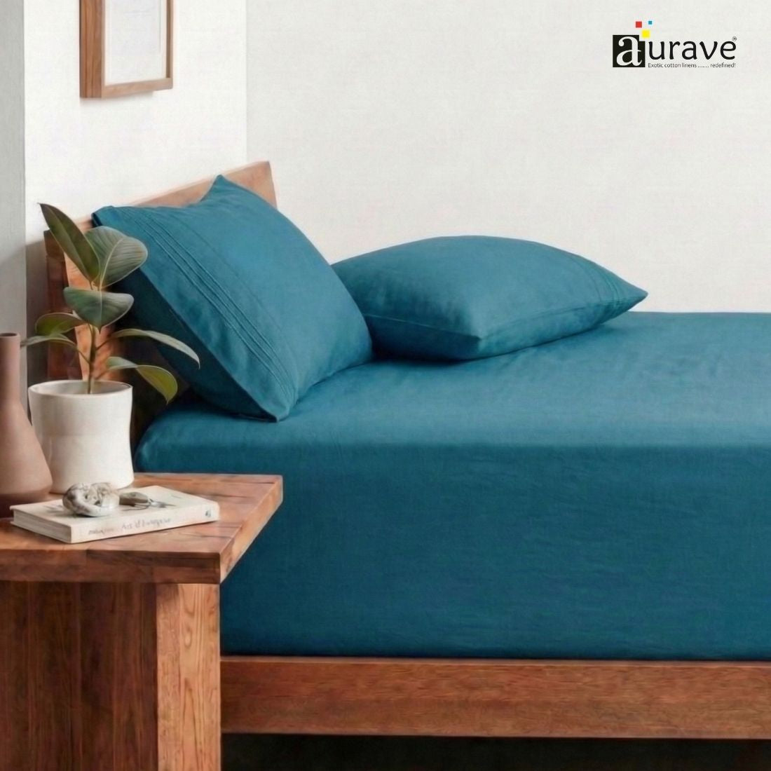 Luxury King Size Cotton Flat Bedsheet with Embroidered Pillow Covers - Peacock Blue