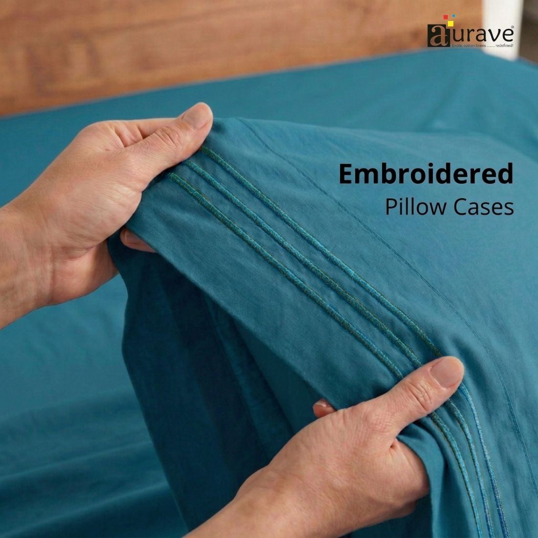 Luxury King Size Cotton Flat Bedsheet with Embroidered Pillow Covers - Peacock Blue