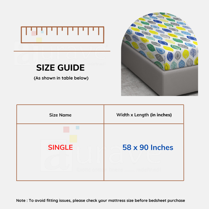 Size guide for a single mattress cover with dimensions 58 x 90 inches, featuring a colorful patterned cover.