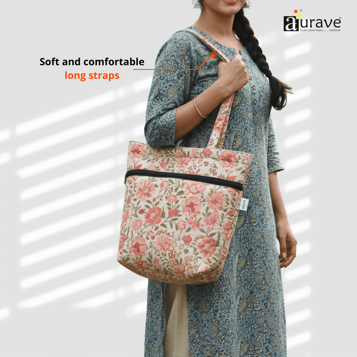 Woman holding a Premium Cotton Lightweight Eco-Friendly Shopper/Tote Bag, Peach