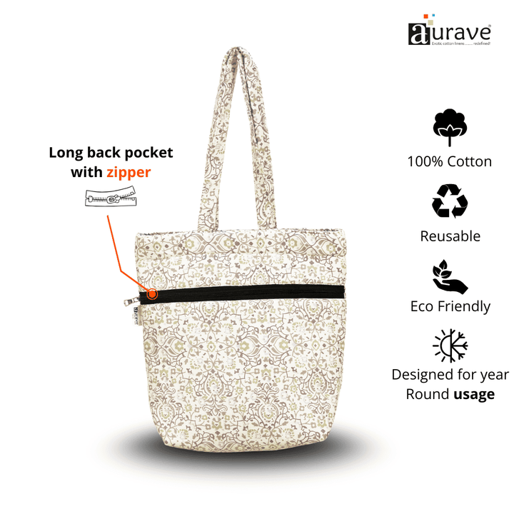 Shopper/Tote Bag, with long back pocket and zipper, featuring Aurave branding and sustainability features.