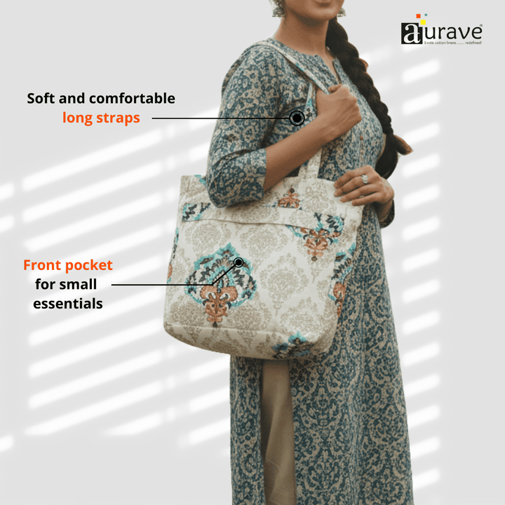 Woman holding a Shopper/Tote Bag, Blue