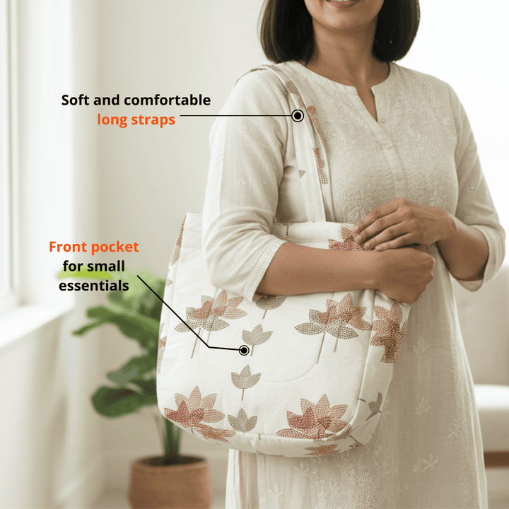 Woman holding a Cotton Lightweight Eco-Friendly Shopper/Tote Bag, Multicolor