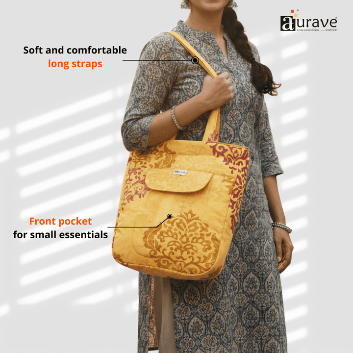 Woman holding a Premium Cotton Lightweight Eco-Friendly Shopper/Tote Bag, Mustard