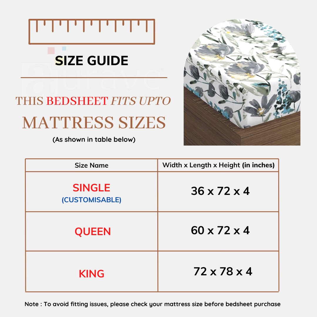 Soft Floral Print 144 TC Cotton Fitted Bedsheet In Aqua At Best Prices