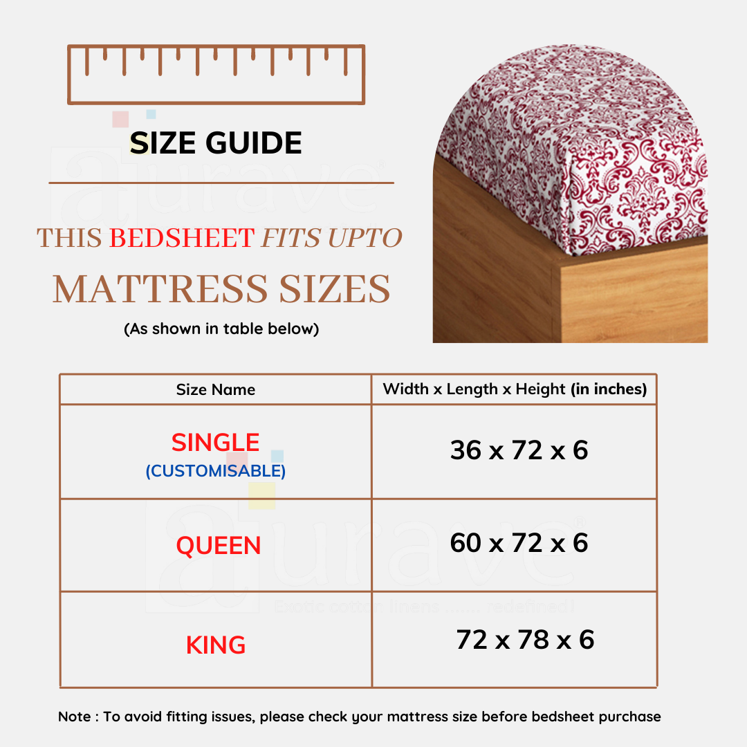 Stylish Multicolor Printed 144 TC Cotton Floral Fitted Bedsheet  Size Chart 