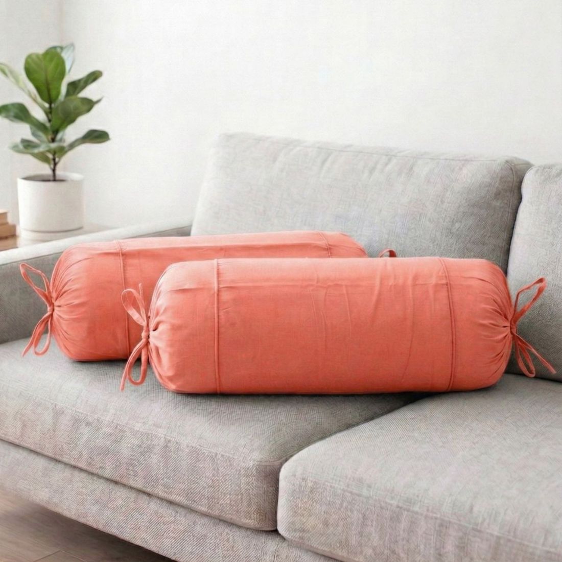 Plain Cotton 2 Pcs Bolster Cover Set - Peach
