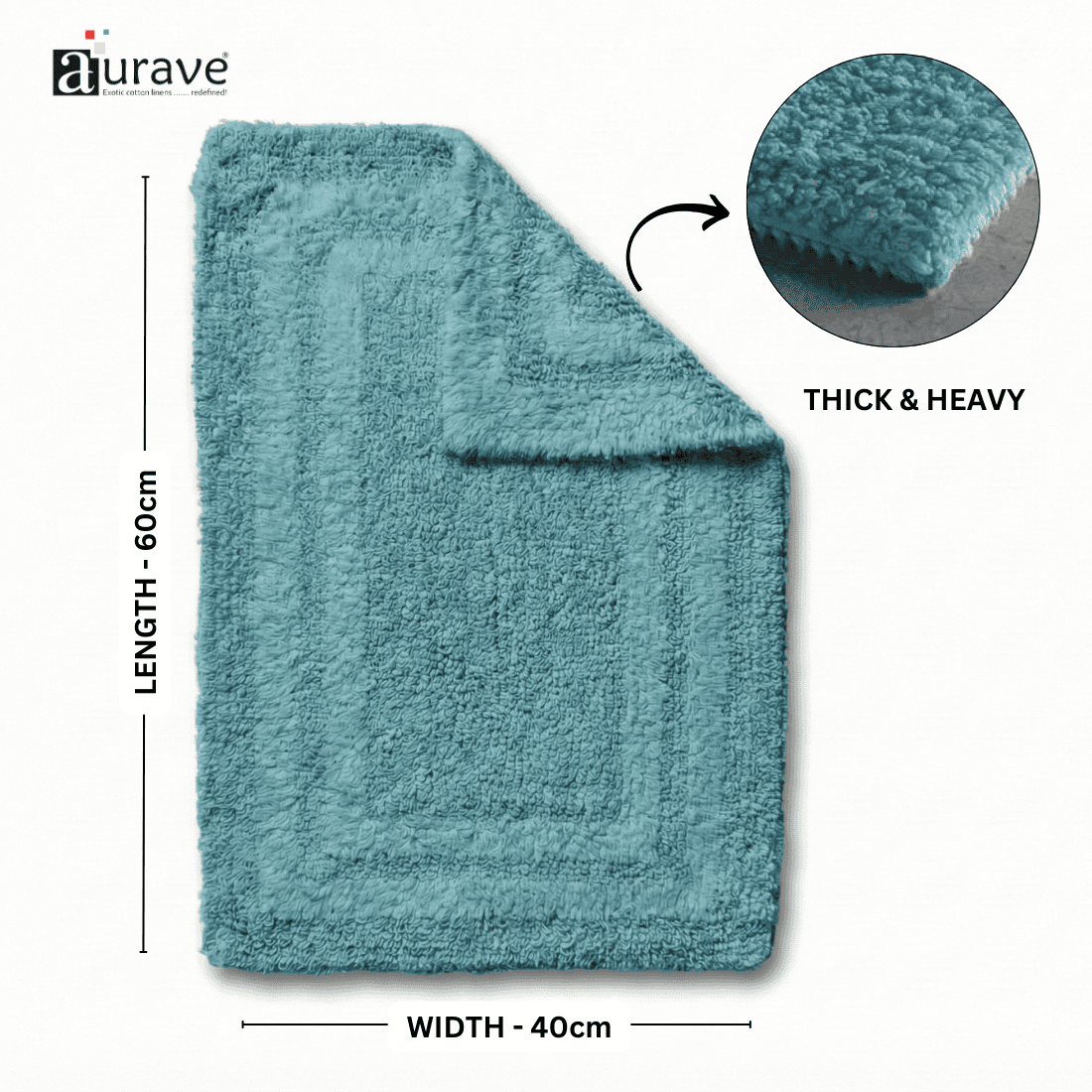 AURAVE Luxury Reversible Cotton Bathmat  with dimensions and texture details