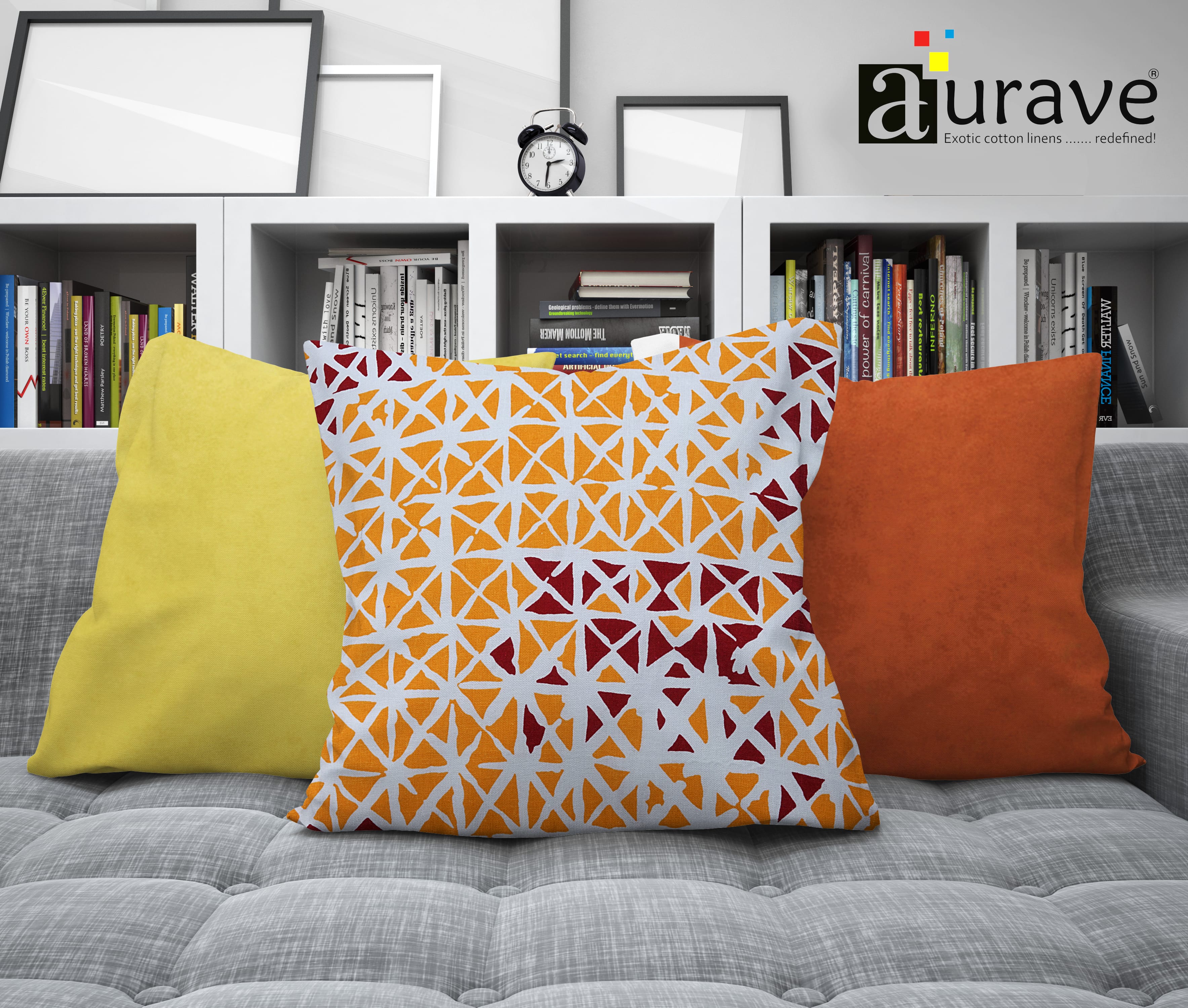 Printed Geometrical Cotton Cushion Cover set - Maroon & Mustard