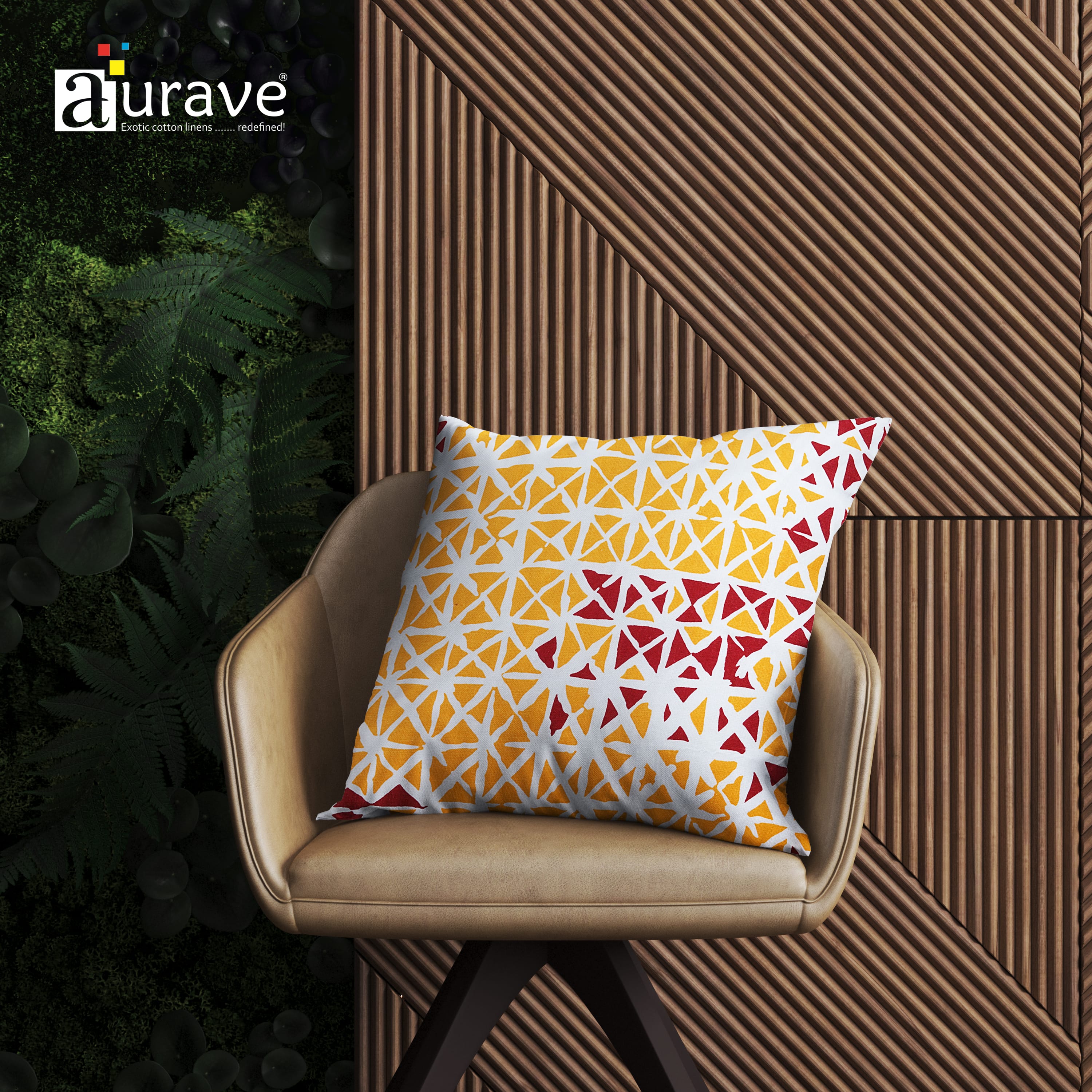 Aurave geometric yellow cushion cover on modern chair, decorative accent