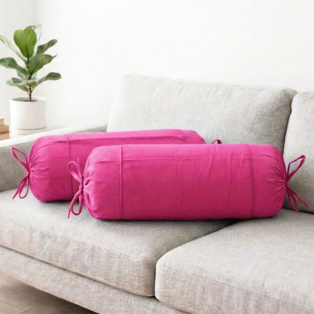 Plain Cotton 2 Pcs Bolster Cover Set - Pink