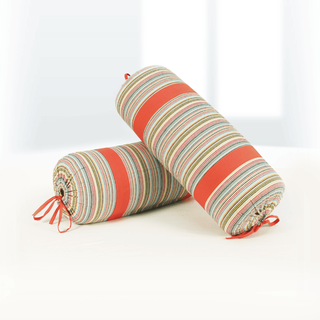 Multicolor Stripes Woven Cotton 2 Pcs Bolster Cover set - Peach