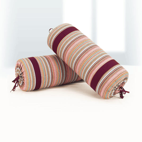 Multicolor Stripes Woven Cotton 2 Pcs Bolster Cover set - Burgundy