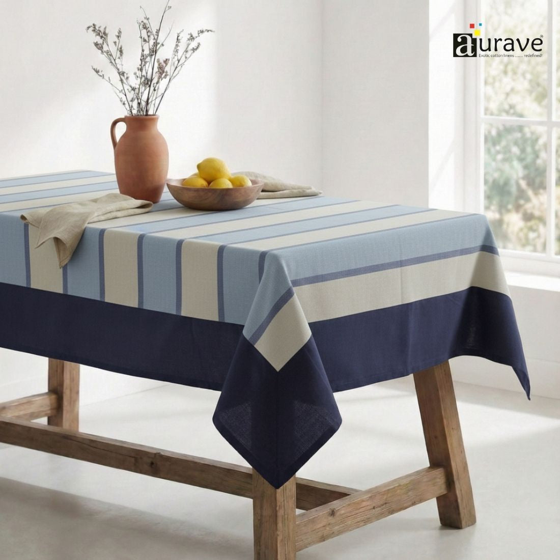ALPHA Woven Cotton Stripes 1 Pc Table Cover - Blue