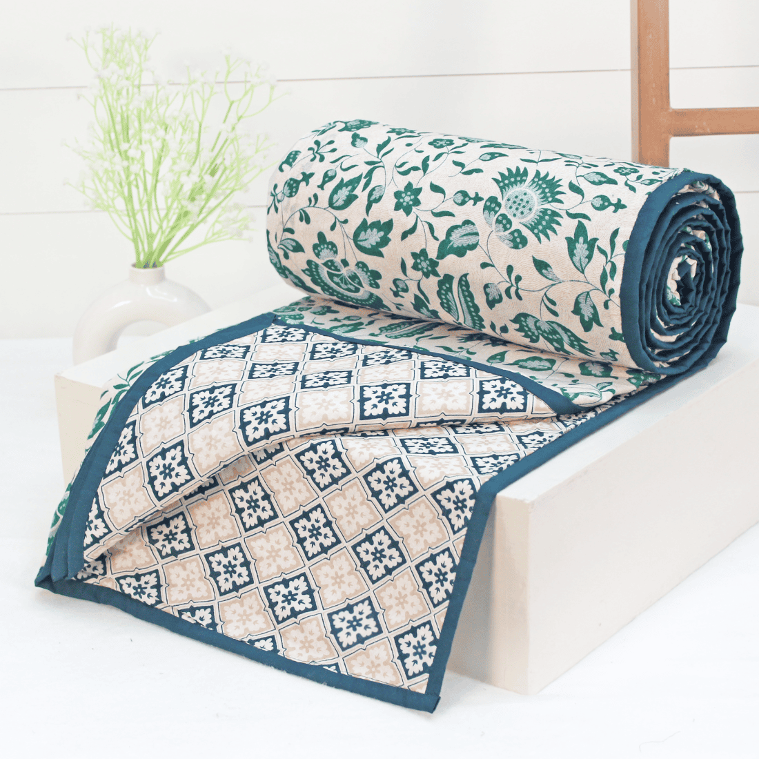 Riva Floral Cotton Dohar, Peacock Blue