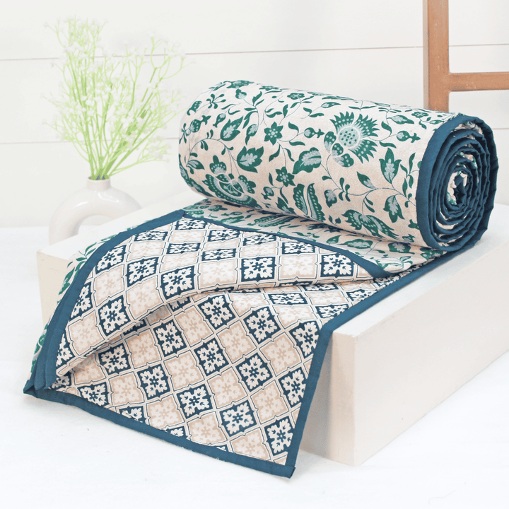 Riva Floral Cotton Dohar, Peacock Blue