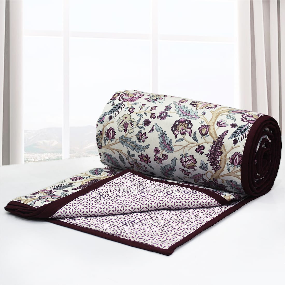 Riva Floral Cotton Dohar, Burgundy