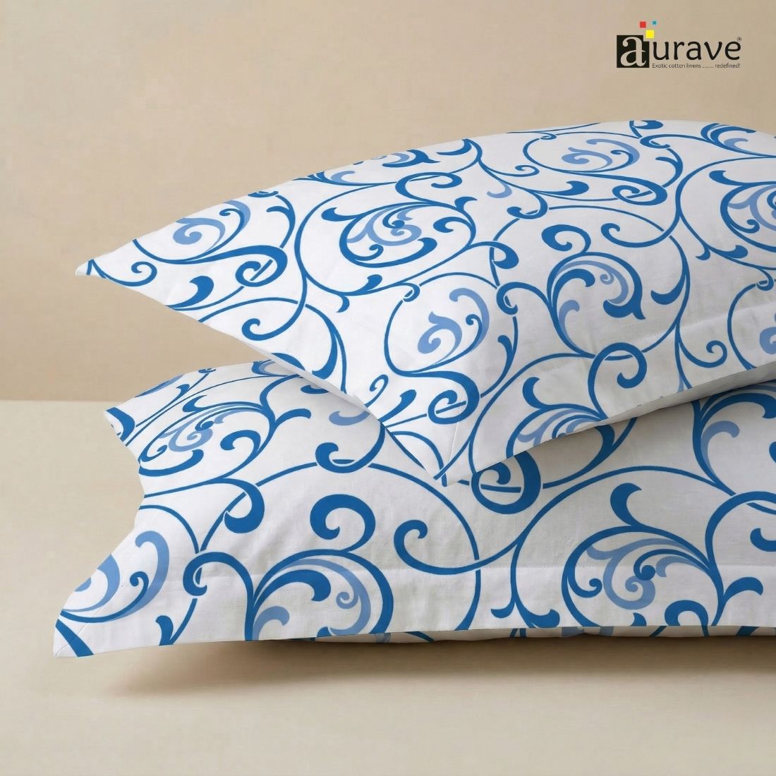 Printed Floral 2 Pcs Cotton Pillow Cover Set - Blue
