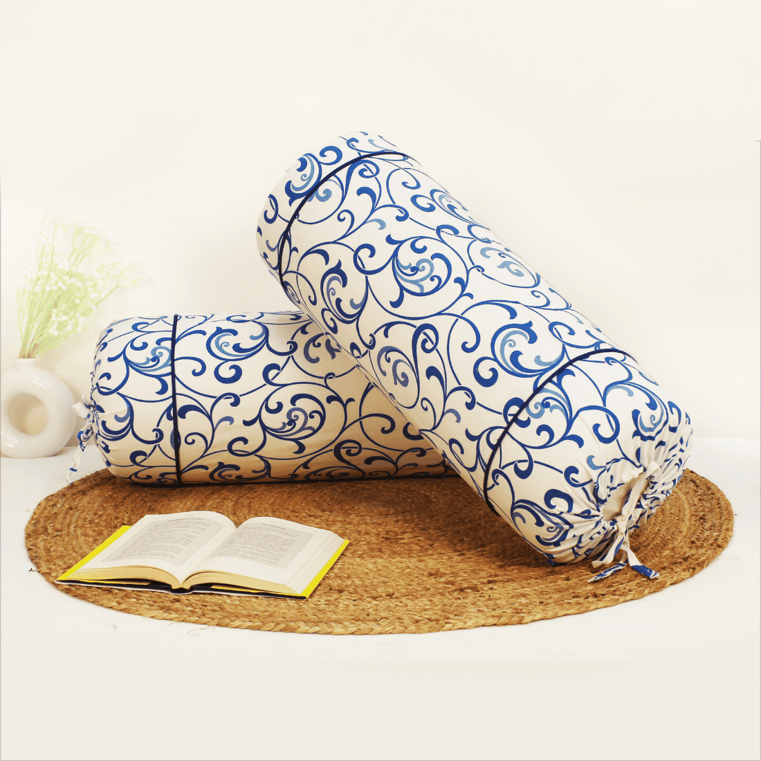 Printed Floral Cotton 2 Pcs Bolster Cover set -  Blue