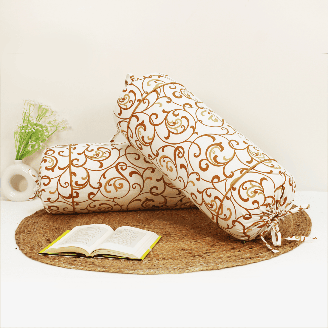 Printed Floral Cotton 2 Pcs Bolster Cover set -  Mustard