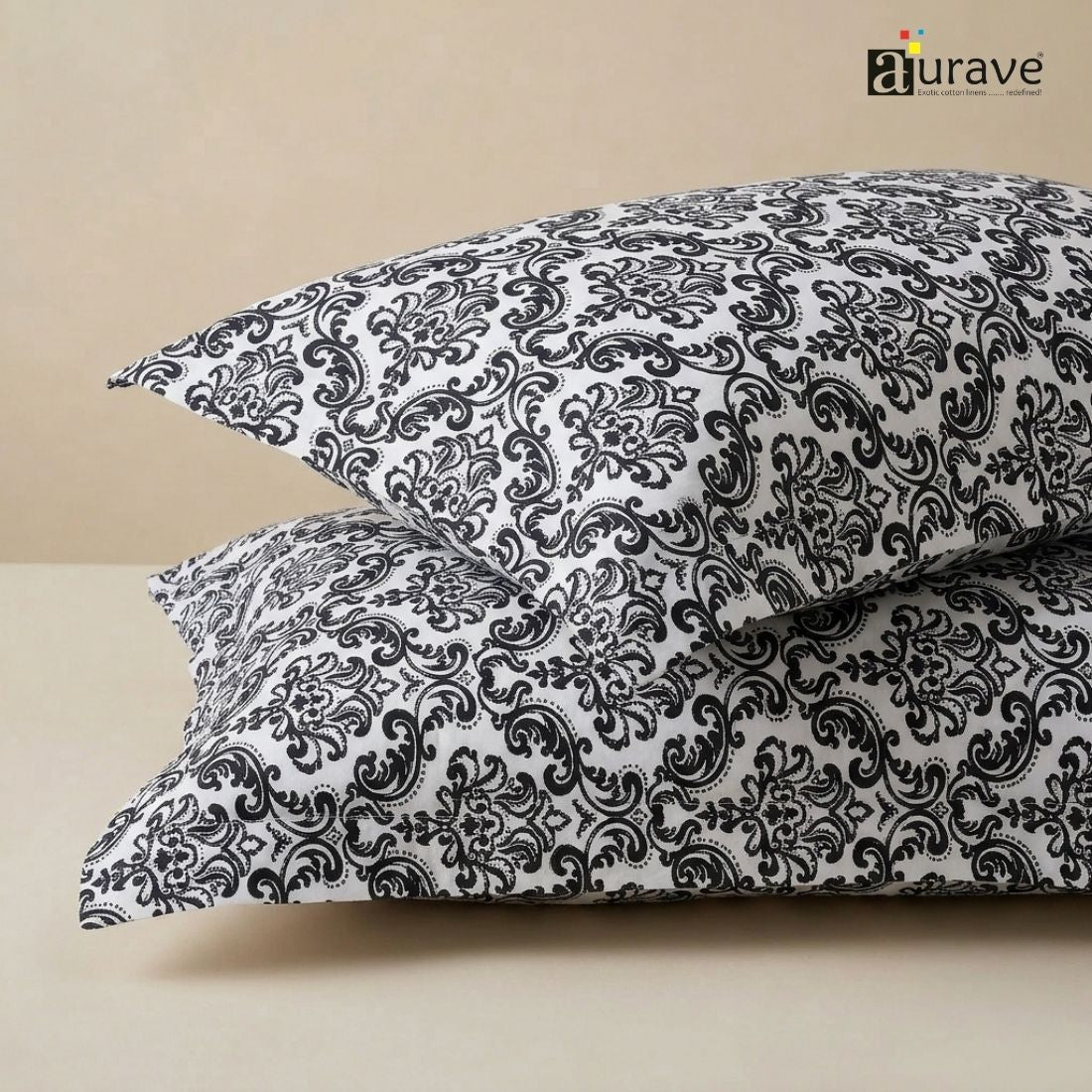 Printed Damask 2 Pcs Cotton Pillow Cover Set - Black