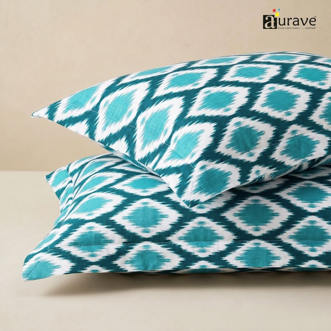 Printed Ikat 2 Pcs Cotton Pillow Cover Set - Aqua