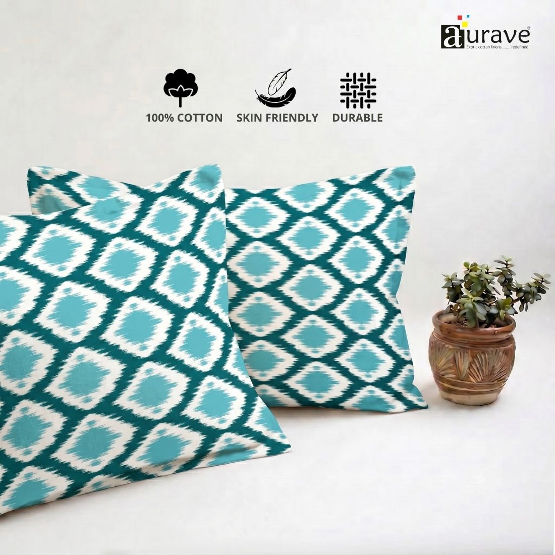 Printed Ikat 2 Pcs Cotton Pillow Cover Set - Aqua