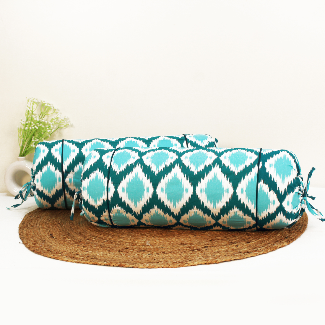 Printed Ikat Cotton 2 Pcs Bolster Cover set - Aqua