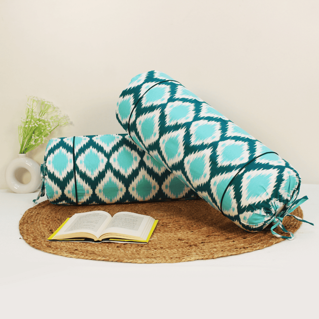 Printed Ikat Cotton 2 Pcs Bolster Cover set - Aqua