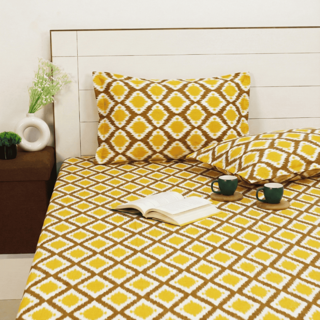 Printed Ikat Cotton 144 TC Fitted Bedsheet with Pillow Covers - MUSTARD
