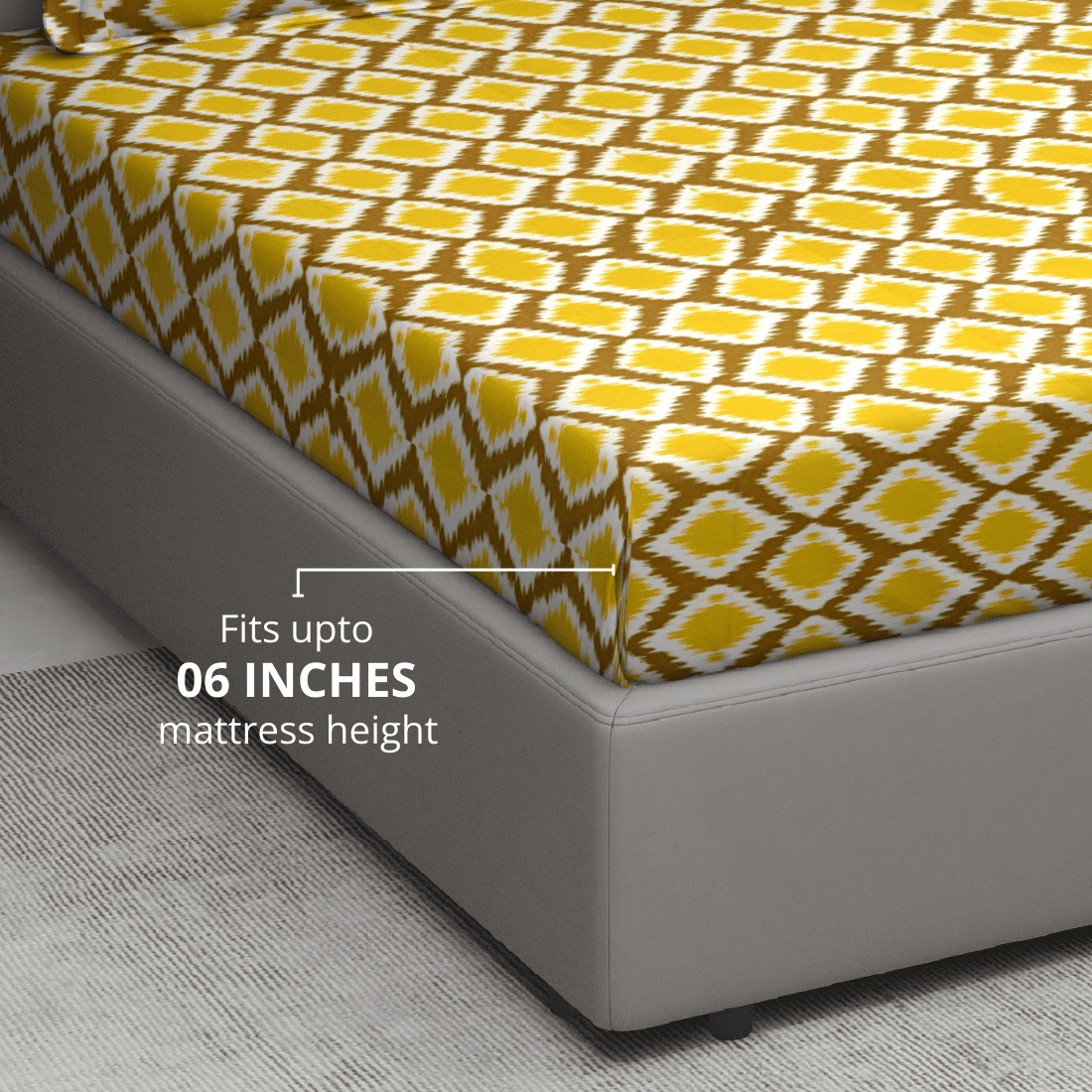 Printed Ikat Cotton 144 TC Fitted Bedsheet with Pillow Covers - MUSTARD