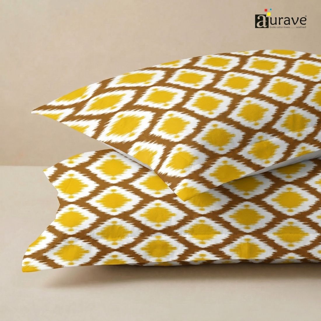 Printed Ikat 2 Pcs Cotton Pillow Cover Set - Mustard