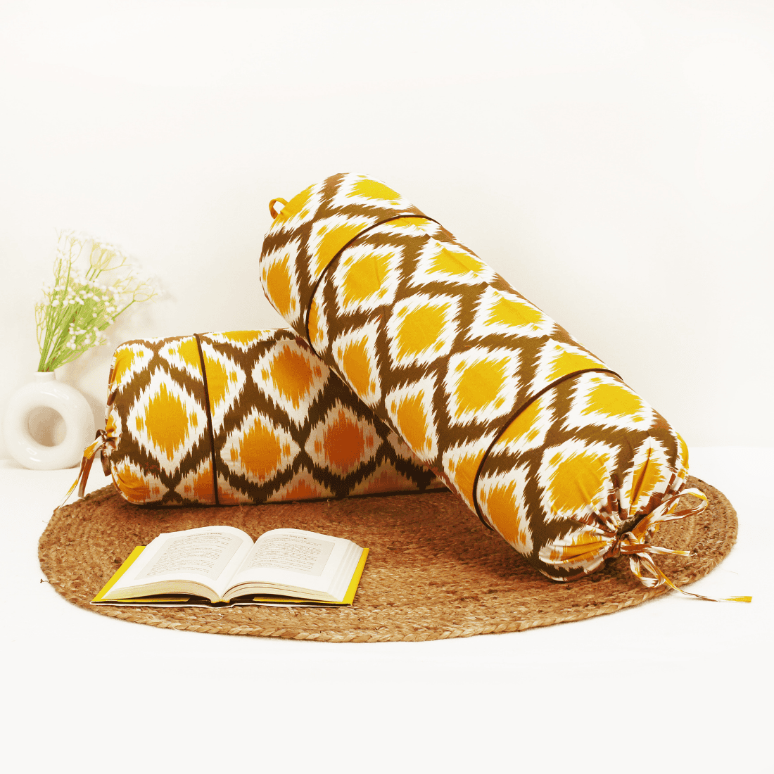 Printed Ikat Cotton 2 Pcs Bolster Cover set - Mustard