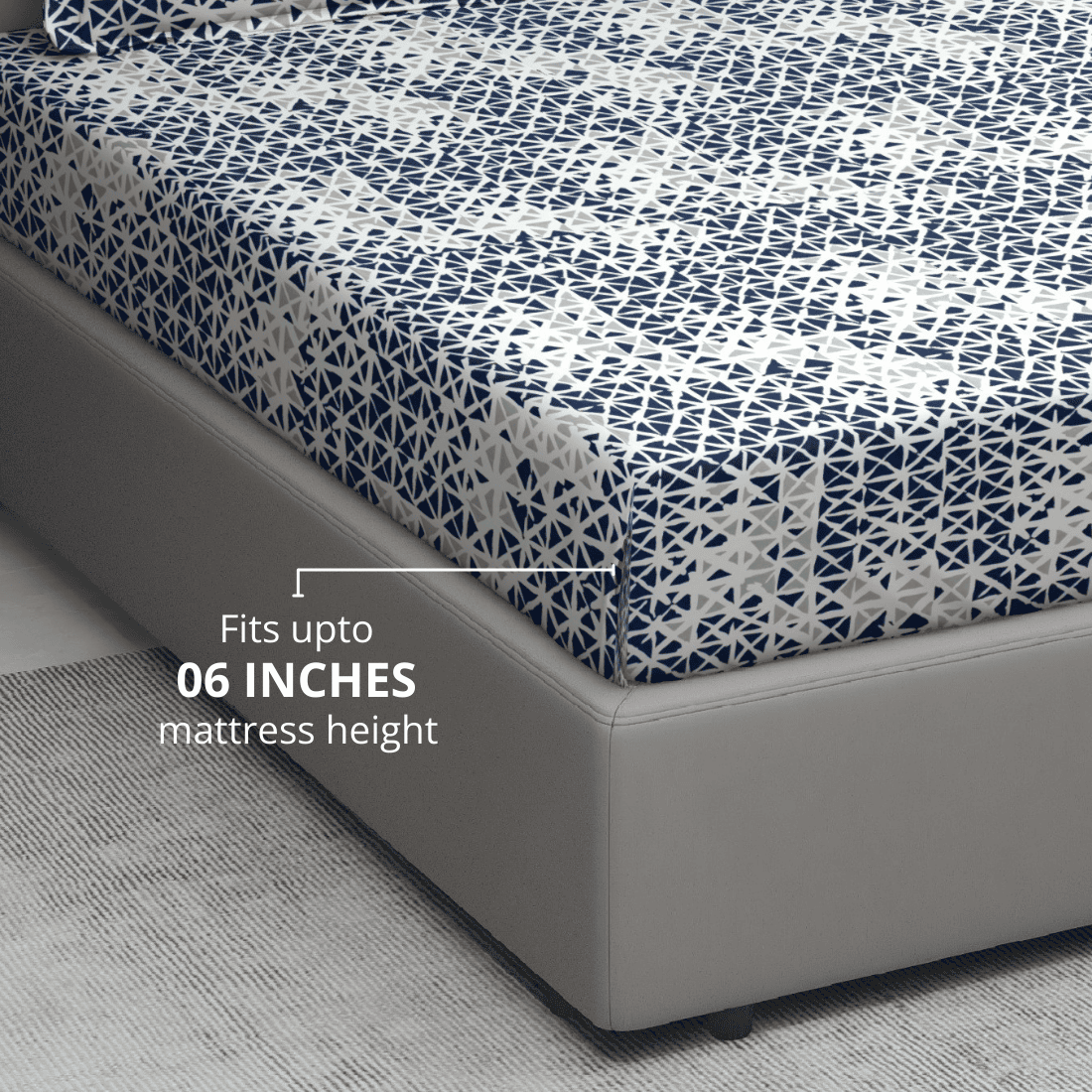 Printed Geometrical Cotton 144 TC Fitted Bedsheet with Pillow Covers - NAVY BLUE