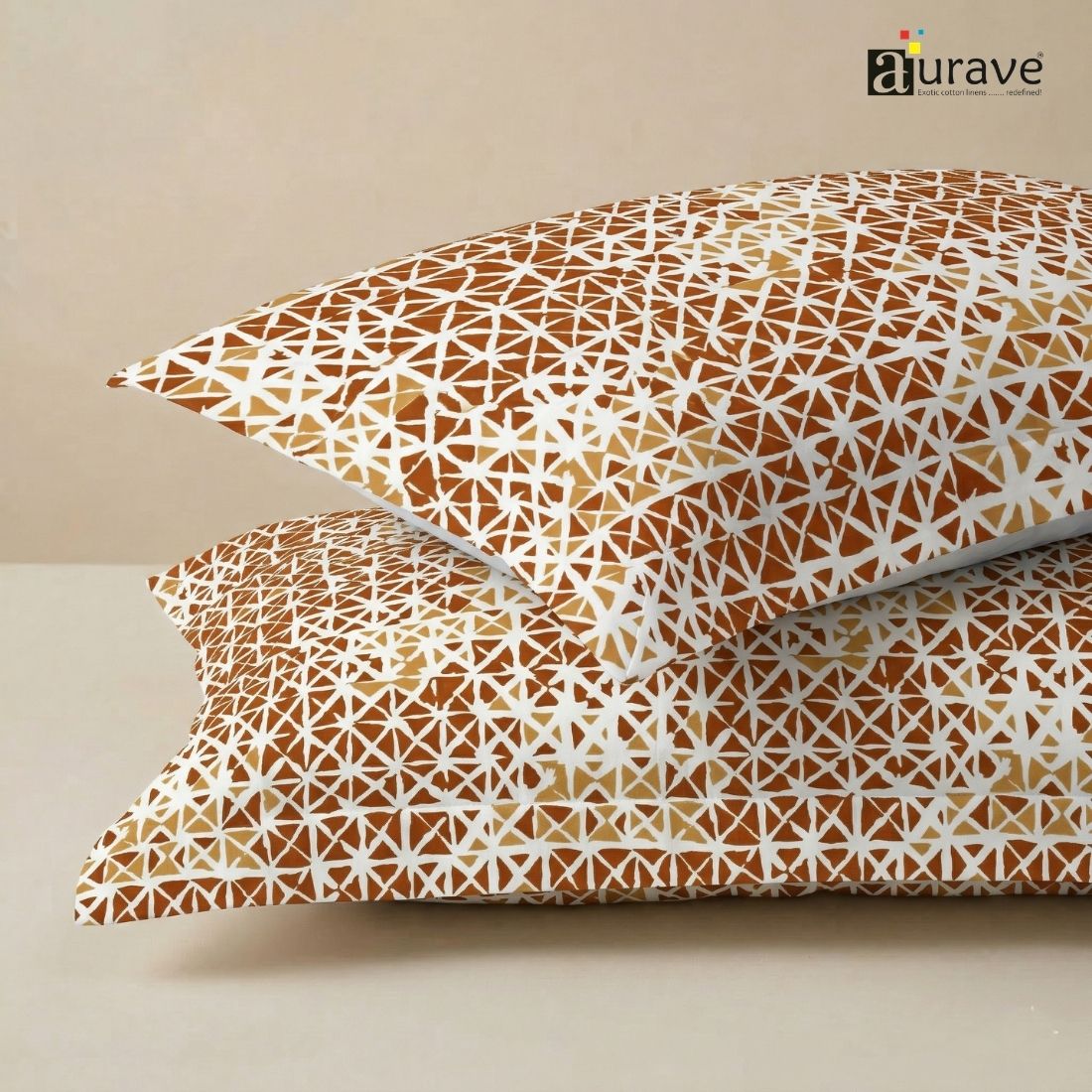 Printed Geometrical 2 Pcs Cotton Pillow Cover Set - Brown