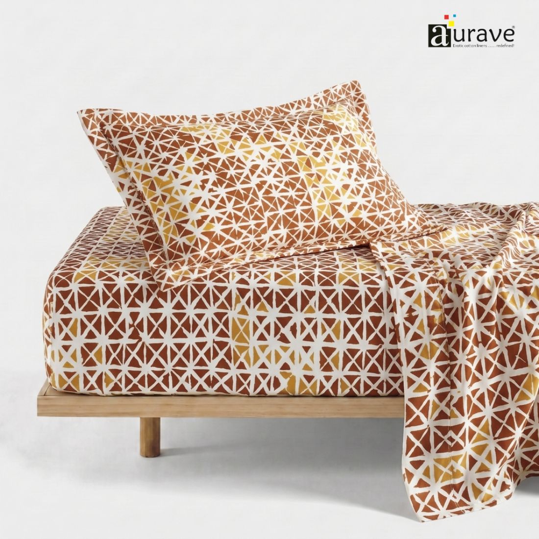 Printed Cotton Geometrical 144 TC Bedsheet with Pillow Covers - Brown
