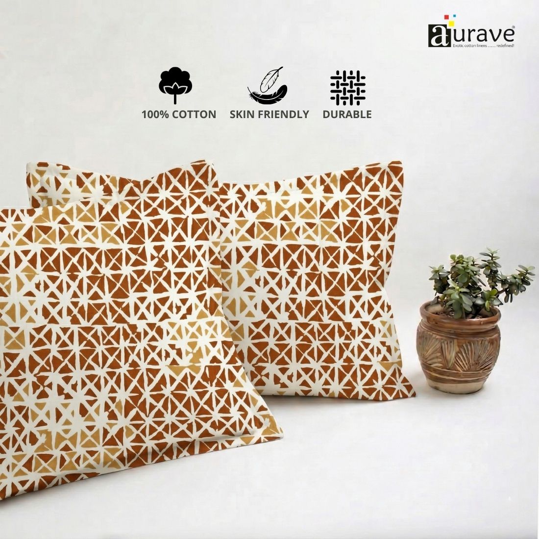 Printed Geometrical 2 Pcs Cotton Pillow Cover Set - Brown