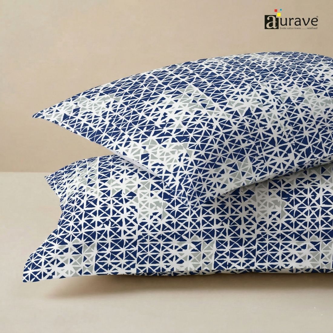 Printed Geometrical 2 Pcs Cotton Pillow Cover Set - Blue