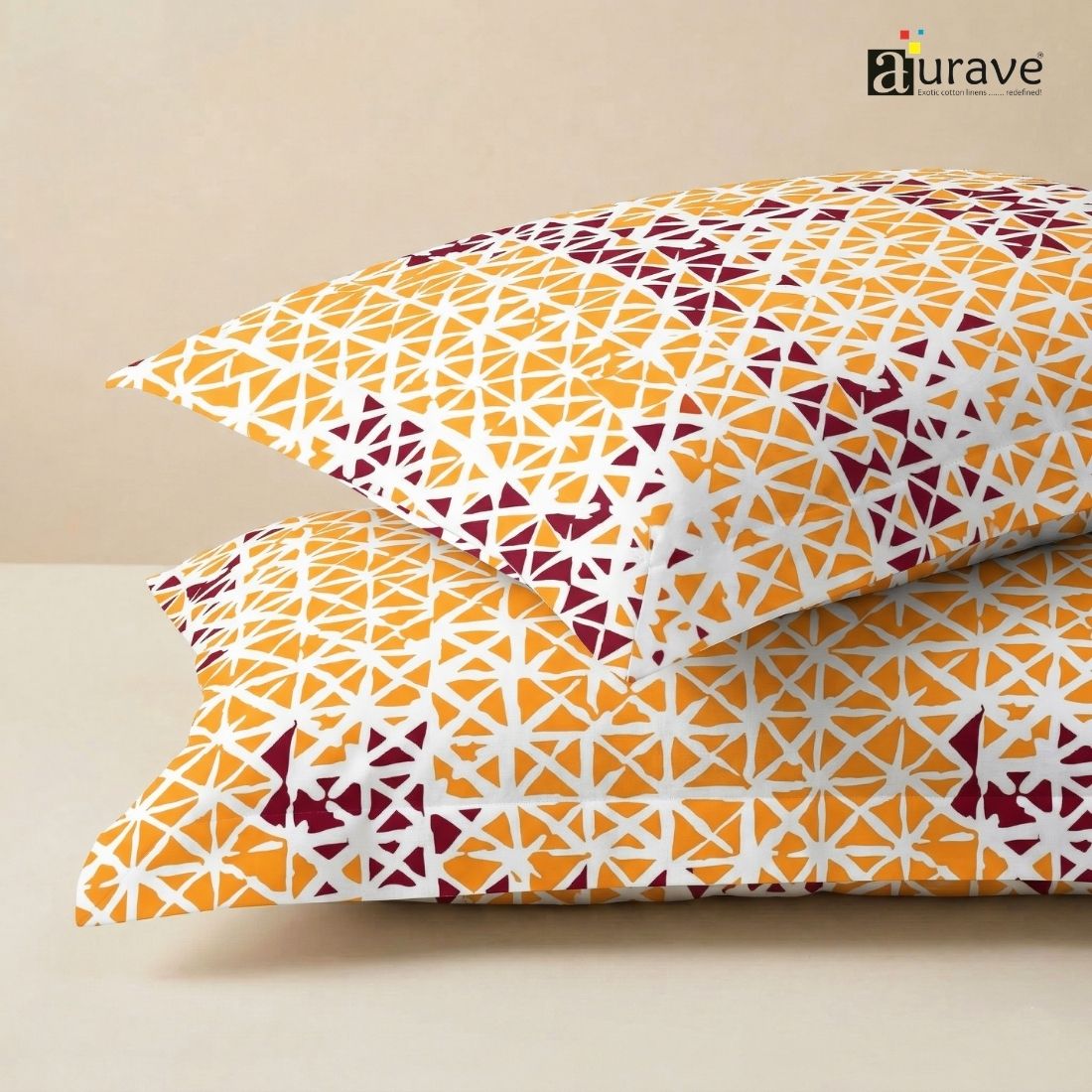 Printed Geometrical 2 Pcs Cotton Pillow Cover Set - Mustard